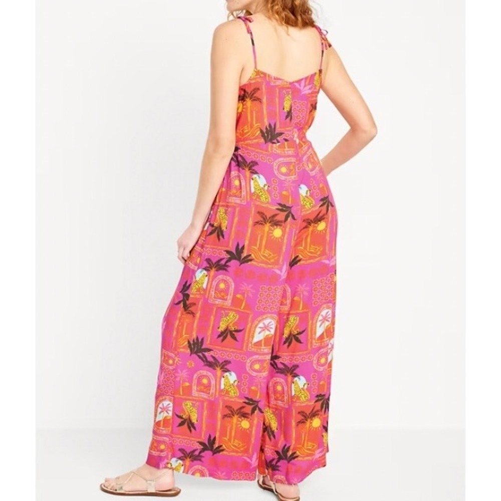 Boho Hippie Old Navy Pink Tropical Leopard Print Wide Leg Jumpsuit SZ S